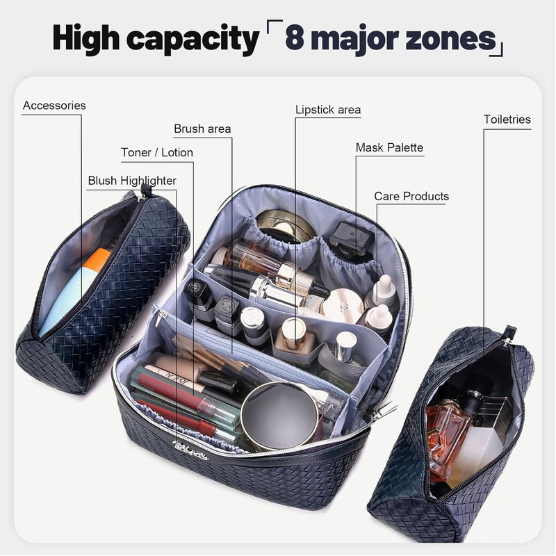 BOYATU Travel Makeup Bag Cosmetic Bags for Women: Large Capacity 3 Pcs Set Make up Bag with Compartments - Waterproof Vegan Leather Toiletry Organizer Bags with Handle (L34 Dark Blue) - Image 4